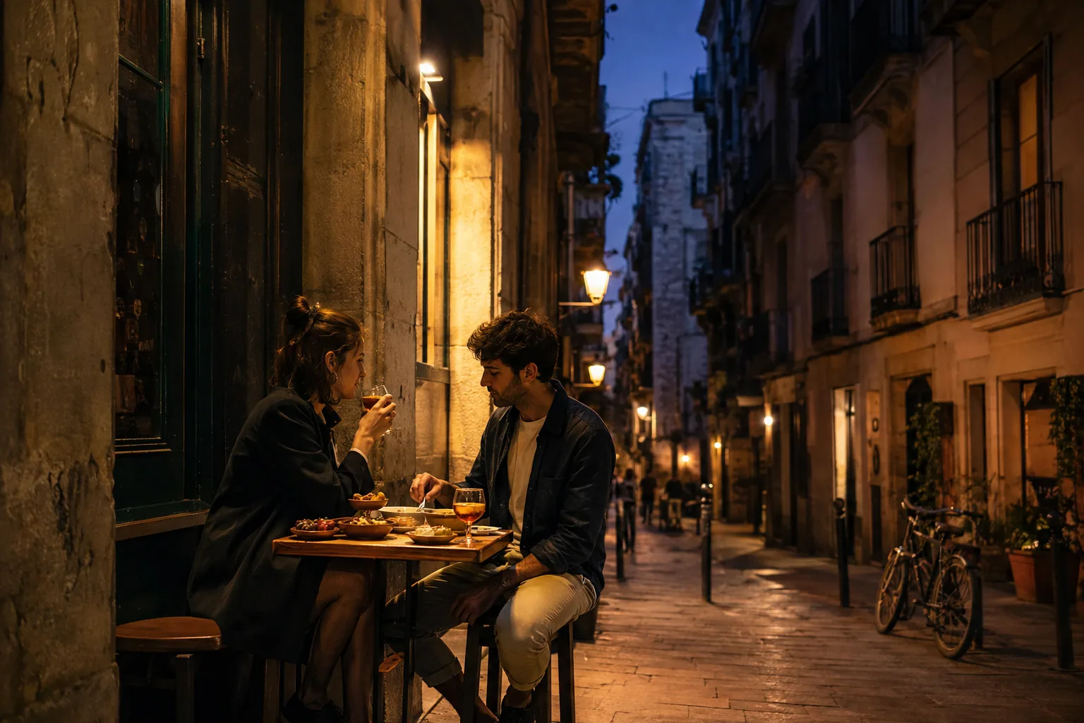 Travellers sharing tapas in an El Born alley at blue hour