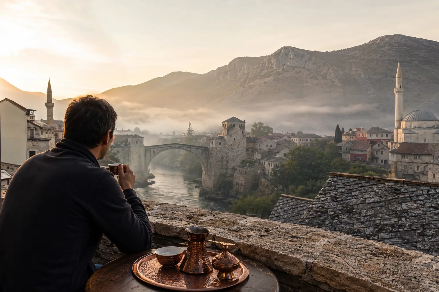 Traveller drinking Bosnian coffee above Stari Most at dawn