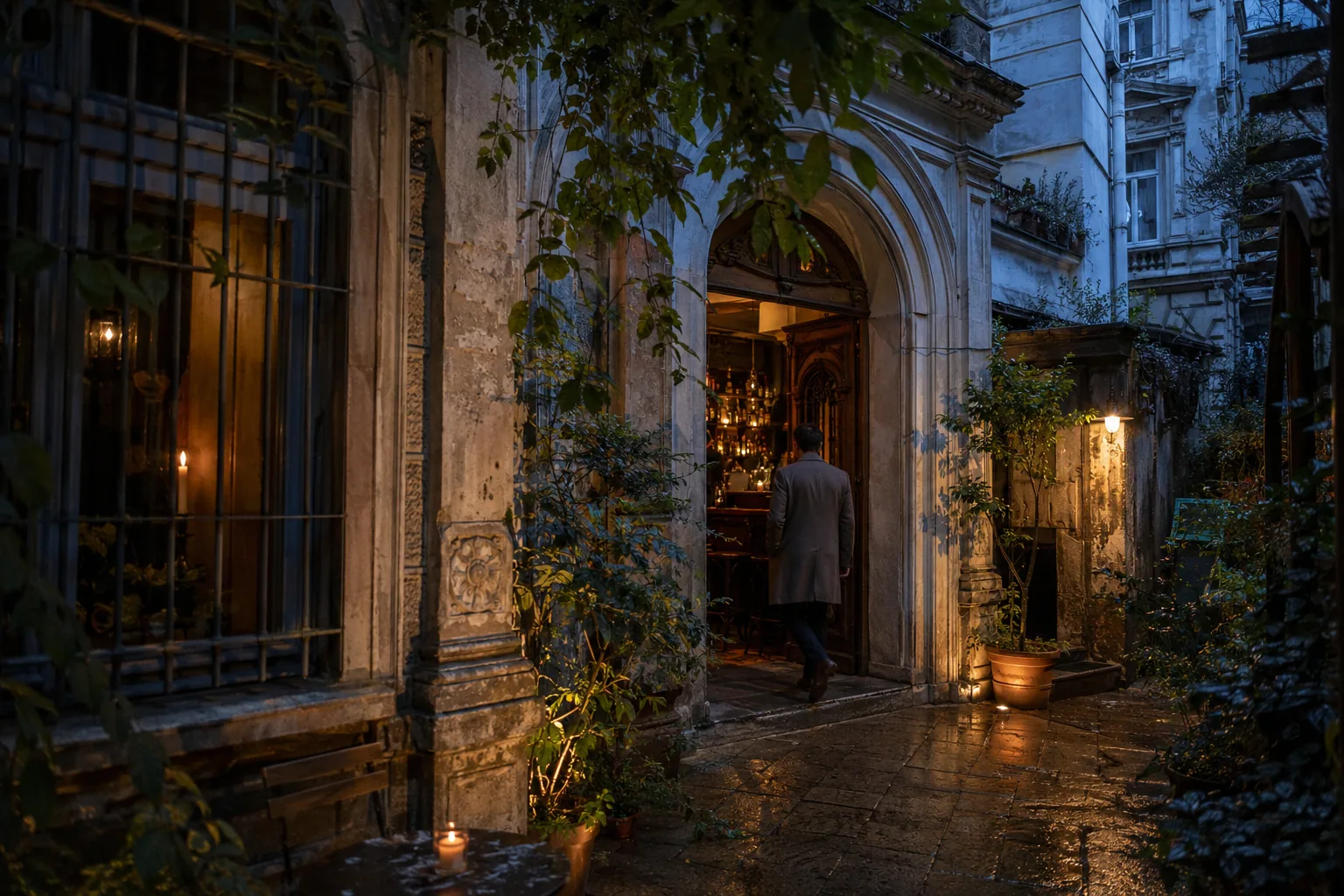 Traveller entering a hidden Bucharest courtyard wine bar after rain