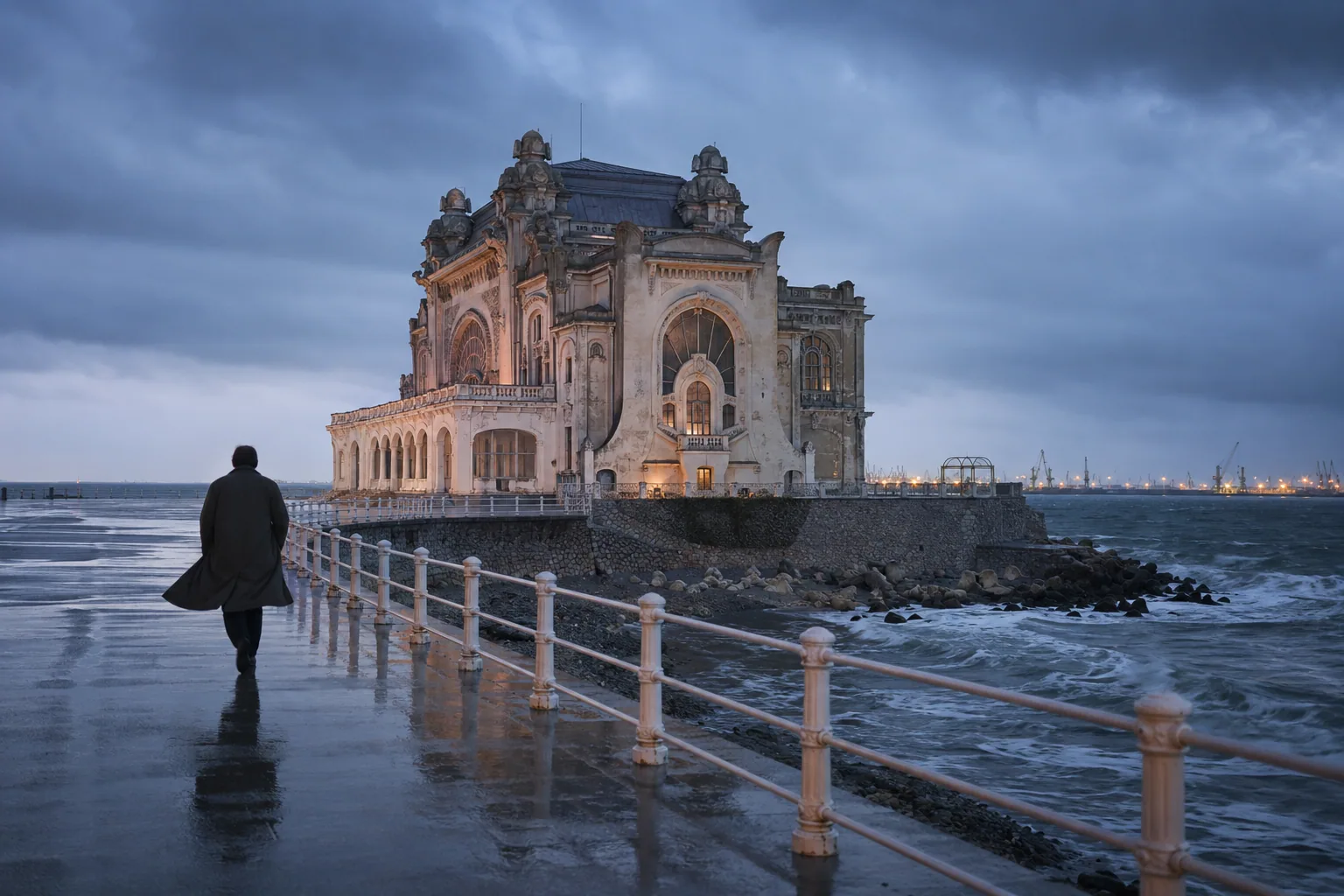 Traveller walking toward Constanta Casino on a stormy Black Sea evening