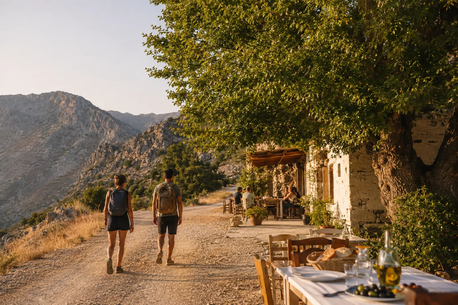 Travellers reaching a mountain taverna in Crete at golden hour