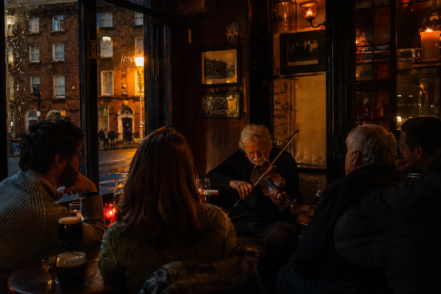 Fiddler playing in a small Dublin pub on a rainy evening