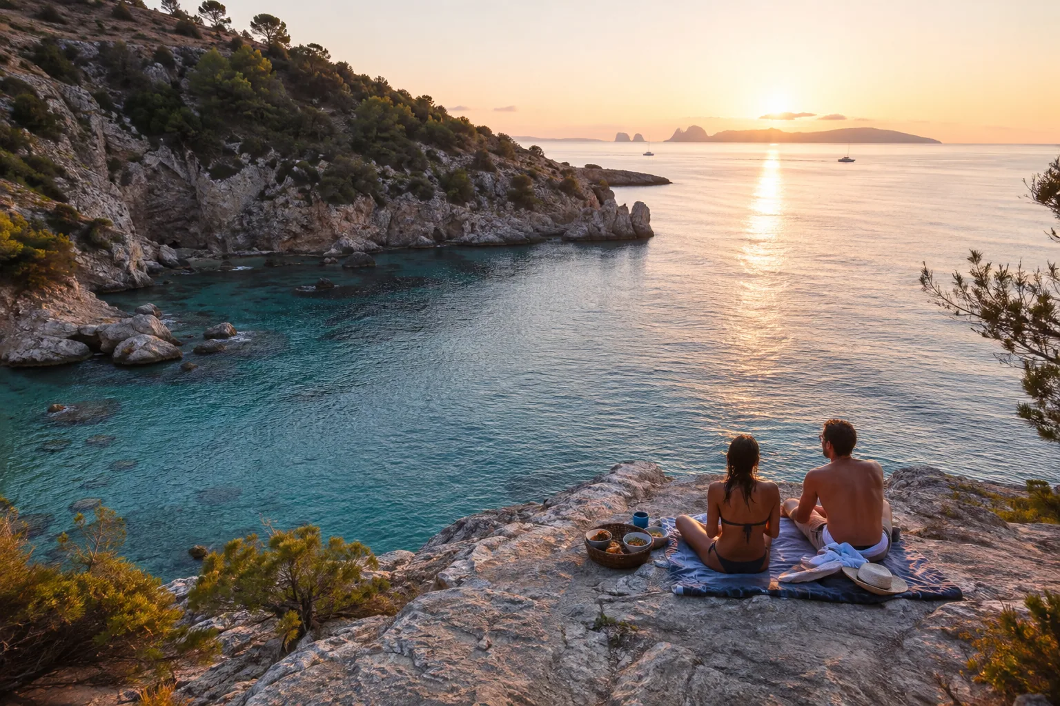 Couple overlooking a quiet Ibiza cove at sunrise