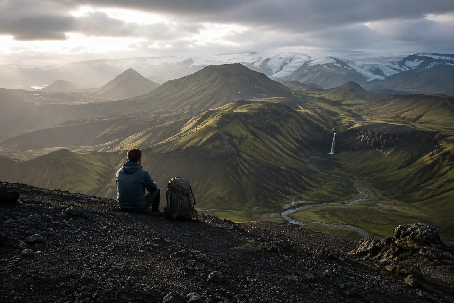 Hiker taking a warm mountain break above an Icelandic valley