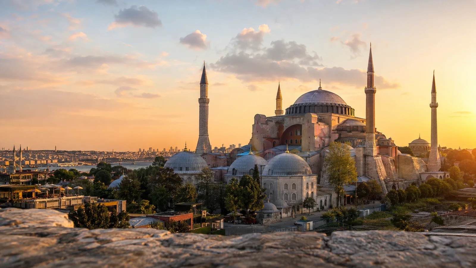 Editorial visual inspired by Hagia Sophia in Istanbul at golden hour