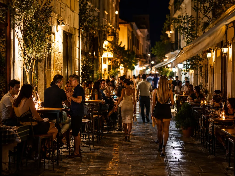 Nightlife street atmosphere inspired by Bar Street in Kos