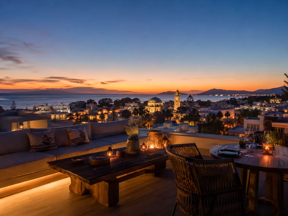 Blue-hour rooftop atmosphere inspired by Thea in Kos