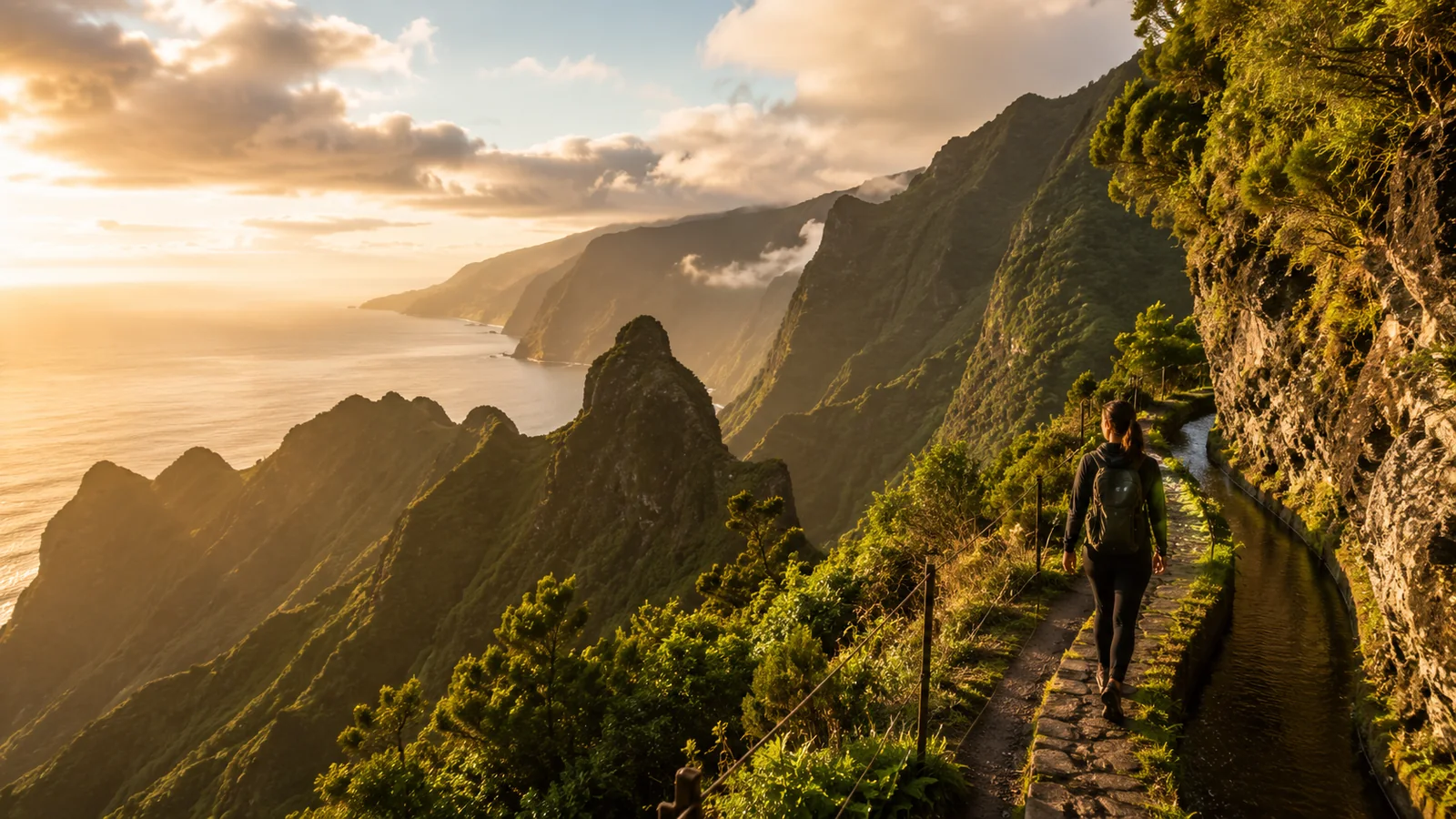 Editorial visual of a Madeira mountain and levada hiking adventure