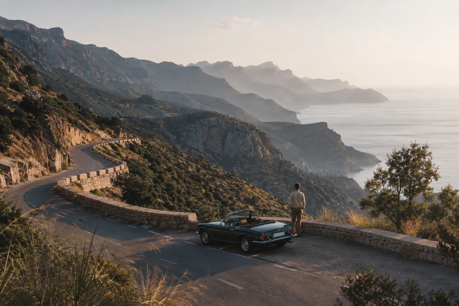 Traveller pausing on a Serra de Tramuntana road overlooking the sea
