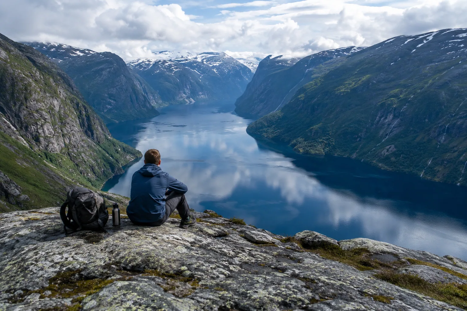Hiker enjoying coffee on a mountain ledge above a Norwegian fjord