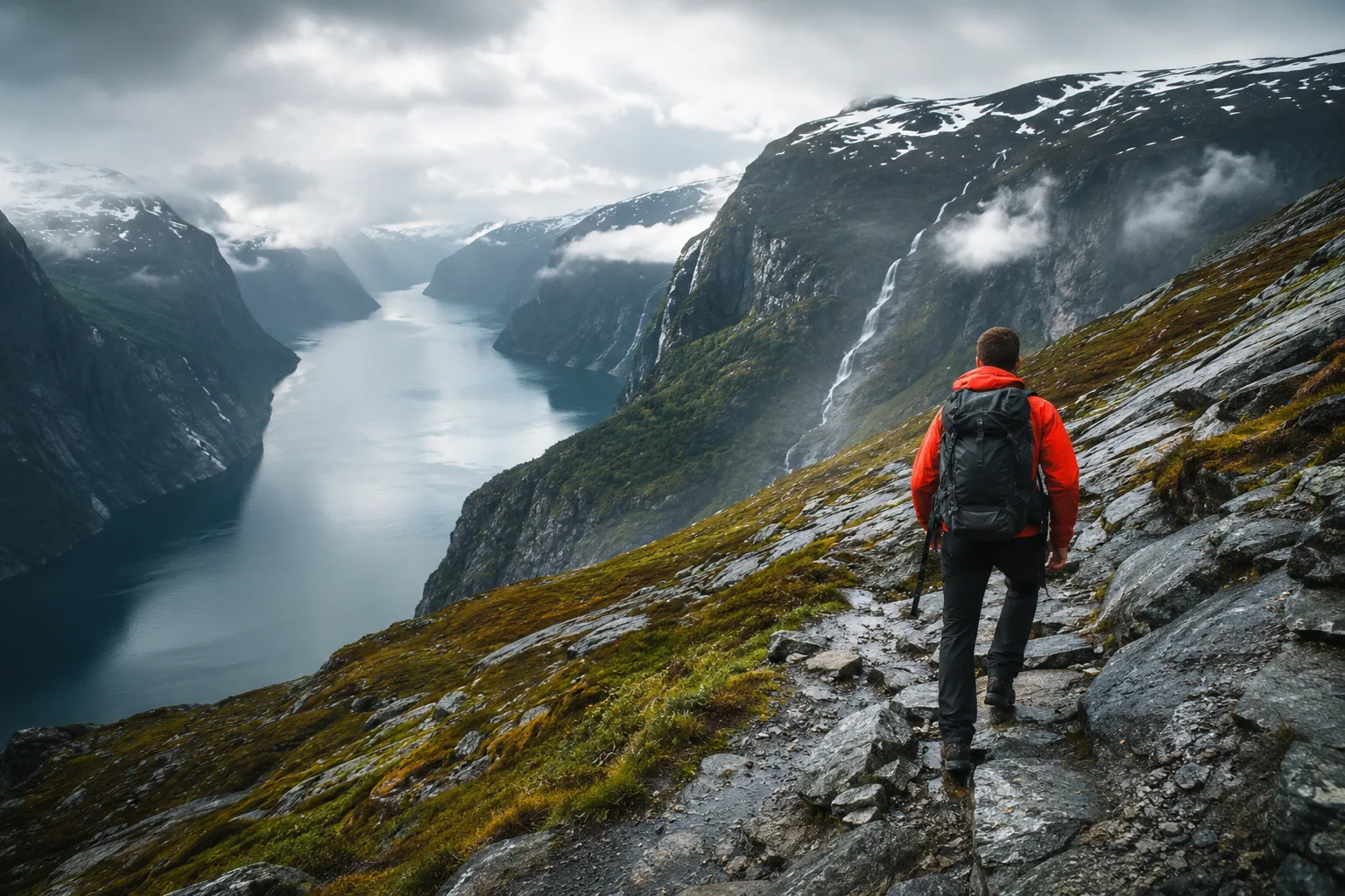 Hiker climbing a steep Norwegian fjord trail under dramatic clouds