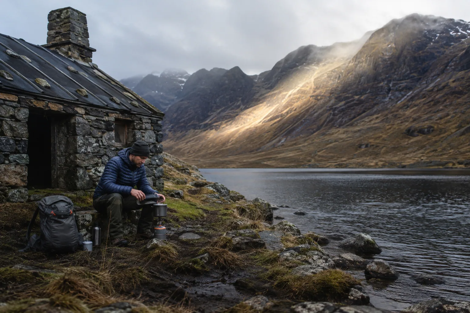 Hiker brewing coffee beside a Highland loch and stone bothy
