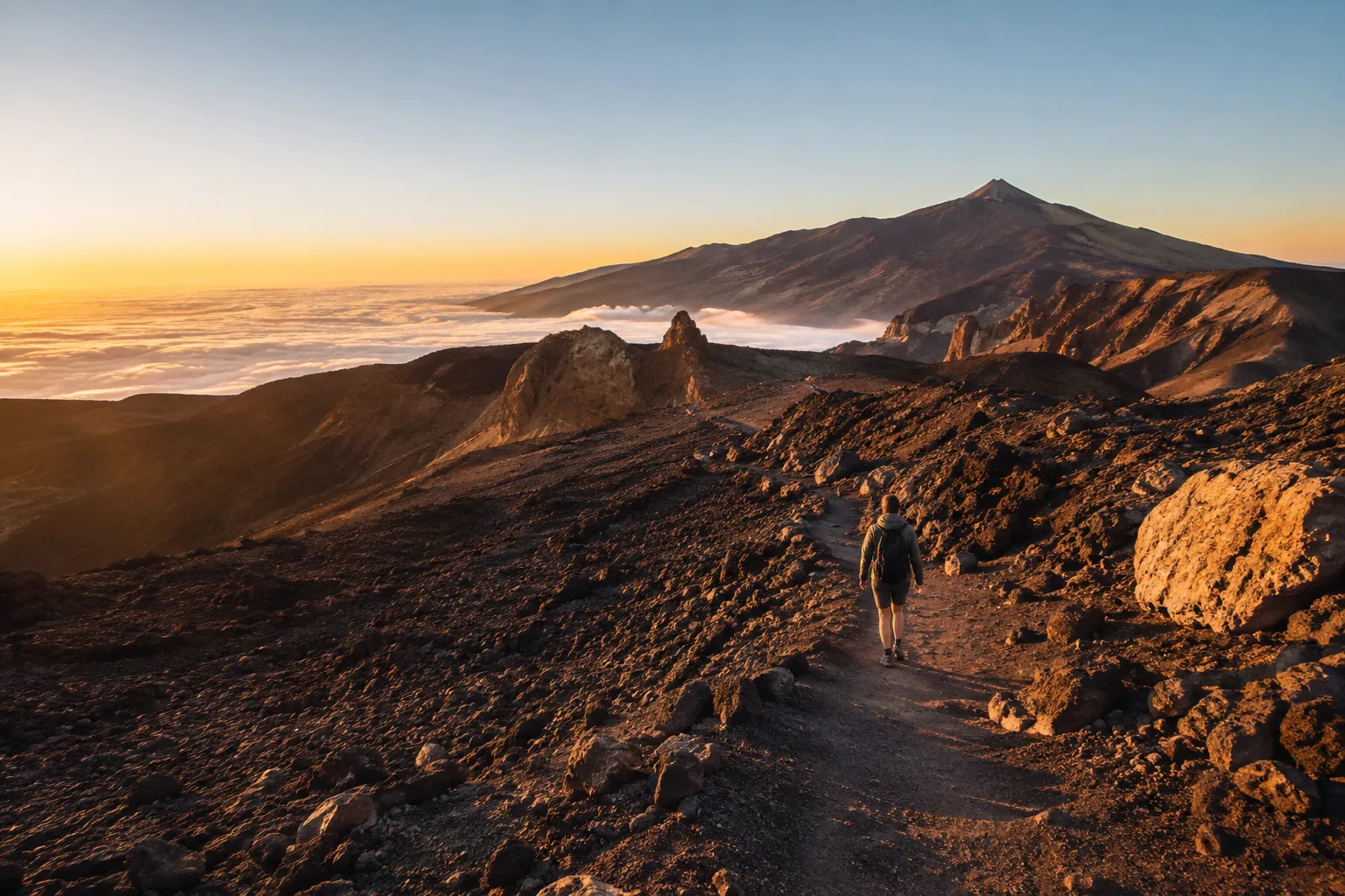 Hiker crossing a volcanic trail above the clouds near Mount Teide
